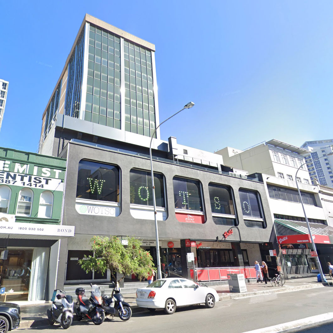 Building entrance to Easts Tower showing Grill'd Burgers